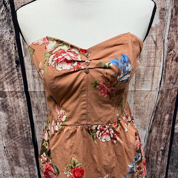 Xhilaration Tan Floral Corset Top Strapless Summer Dress with Pockets - sz MED - Picture 7 of 14
